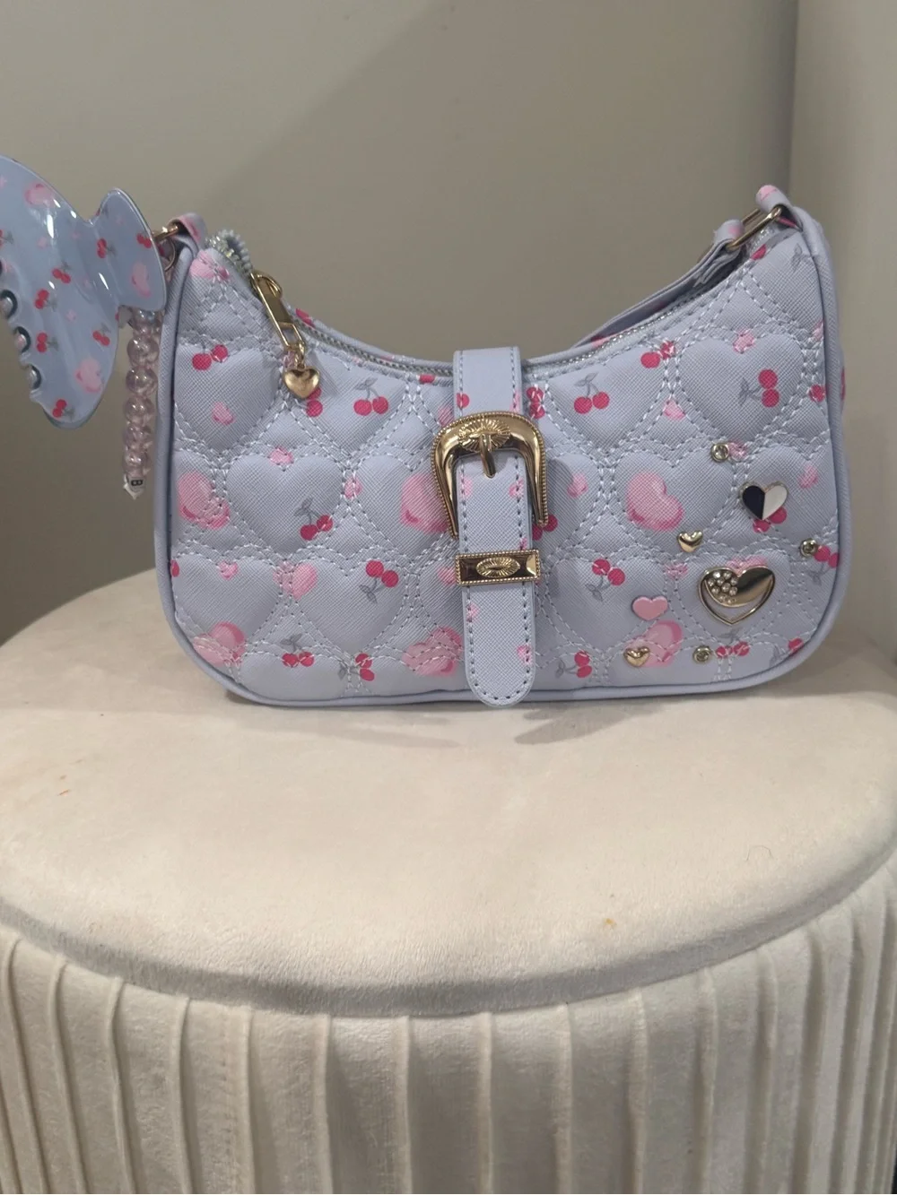 Kids Light Blue Quilted Heart Crossbody Bag with Pink Accents
